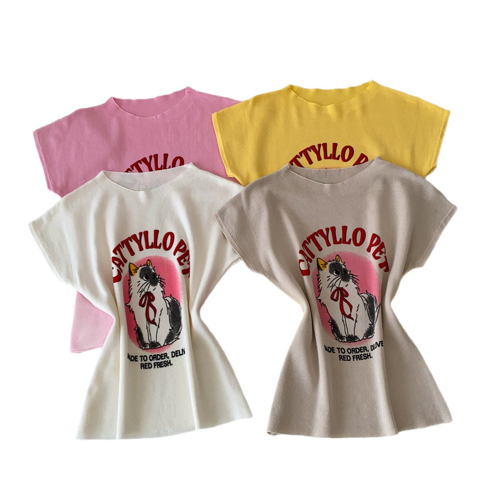 Cartoon cat print short-sleeve knit tank top - women's summer style, slim fit, youthful, versatile casual top