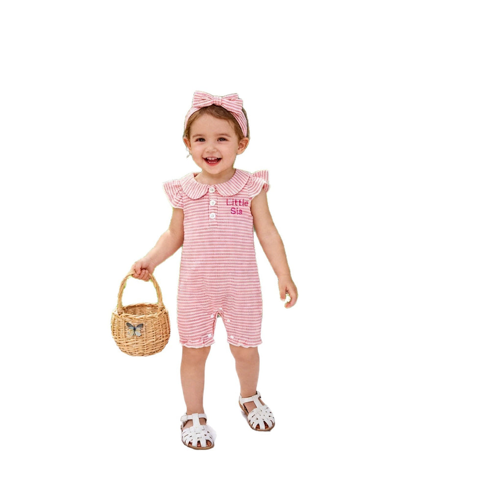 Baby girl cute letter embroidered peter pan collar romper with headband