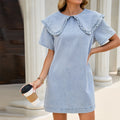 Fashion cross-border foreign trade  new arrival fungus edge large lapel short sleeve side flap pocket pants washed denim dress