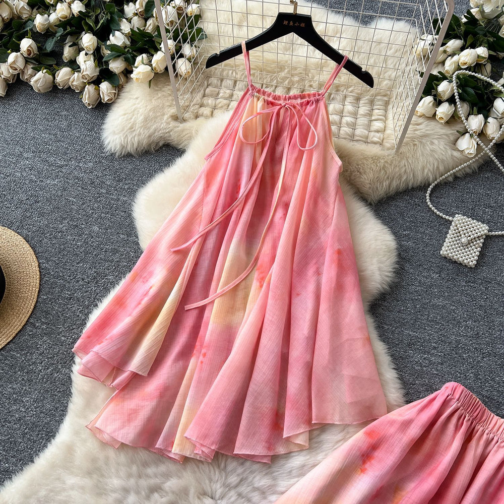 Fairy vacation outfit set:  summer french chic halter top with high-waisted printed midi skirt