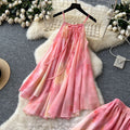 Fairy vacation outfit set:  summer french chic halter top with high-waisted printed midi skirt