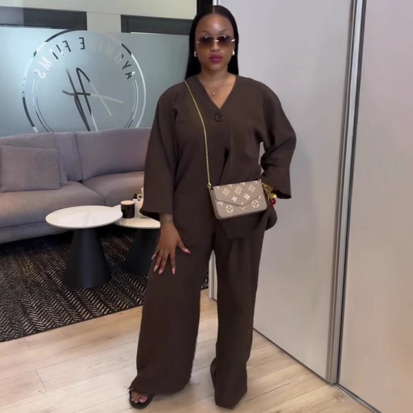 European and American solid color women's suit cardigan V-neck versatile casual shirt wide-leg pants African new foreign style two-piece set