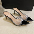 Yx2026 french style one-strap sexy socialite stiletto clear sandals - summer chic pointed-toe rhinestone high heel slides