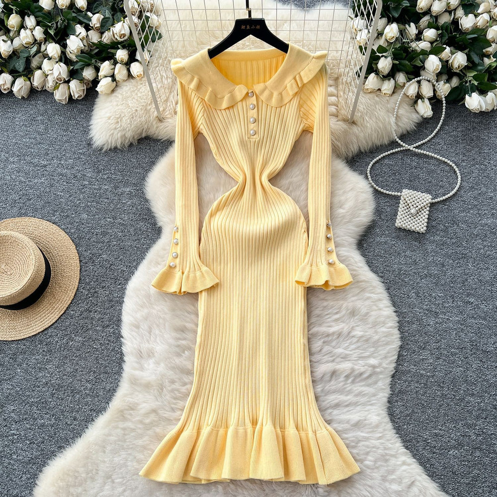 Frenchretro doll collar bell sleevesilmdress women's autum waist slimming lookelegantrufflesknitting skirt
