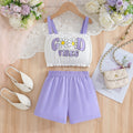 girls' summer cami set with lace and letter print, purple active shorts, kids' two-piece outfit for going out