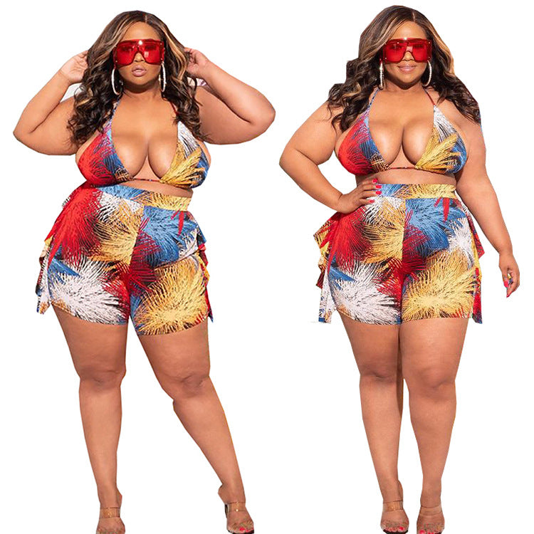 Sexy suspender print suit european and american foreign trade women's clothing   bikini beach hot pants two-piece set