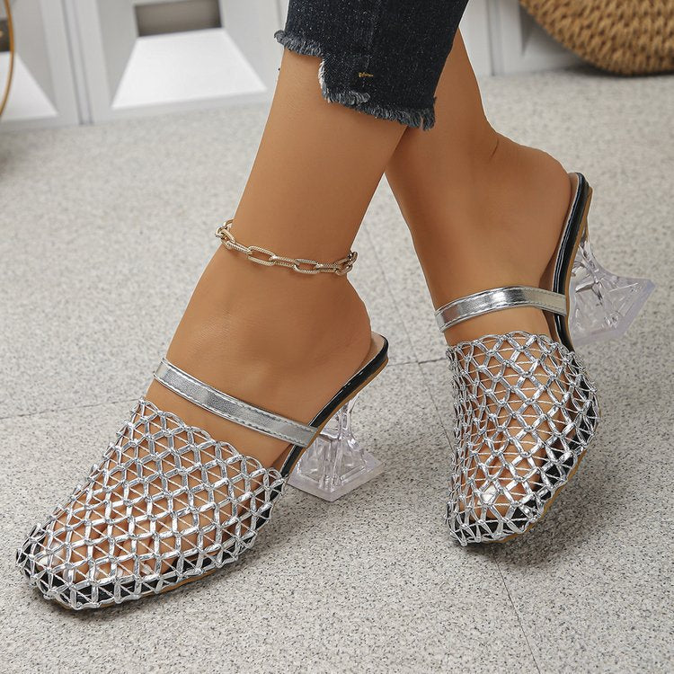 Export cross-border baotou thick heel sandals 2026 summer new arrivalfashioneasiest for matchcut out woven high heel sandals for women