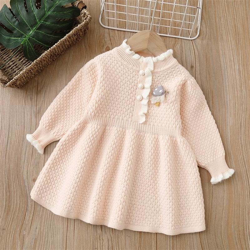 Girls' knitted mushroom dress with lace trim - autumn/winter  new sweet style long dress