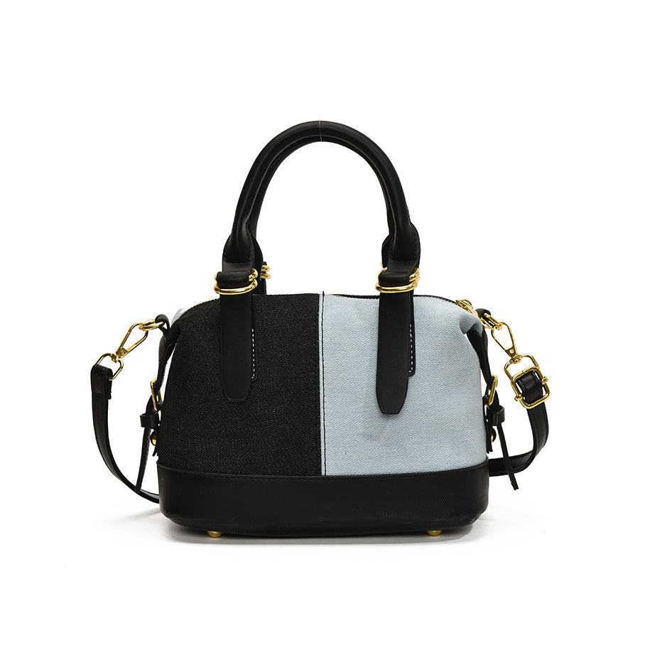 Foreign order denim bag women's versatile 2025 new casual messenger bag contrasting color portable Boston bowling bag
