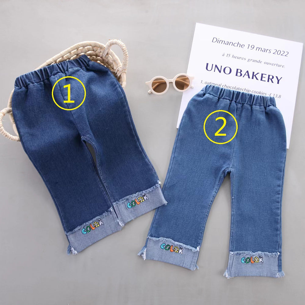 New spring embroidered kids' pants: korean style casual versatile girls' straight-leg jeans, baby wide-leg fashion trousers