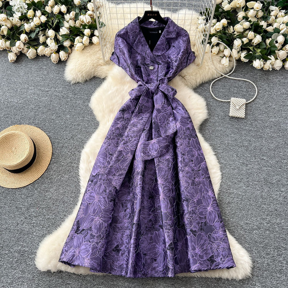 High-end exquisite women's formal dress - summer  collection: tie-waist, notch collar, short sleeve, jacquard, flowy maxi dress