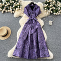 High-end exquisite women's formal dress - summer  collection: tie-waist, notch collar, short sleeve, jacquard, flowy maxi dress