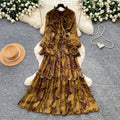 French chic bow print dress - women's spring/autumn long sleeve v-neck a-line maxi dress - slim fit & figure flattering