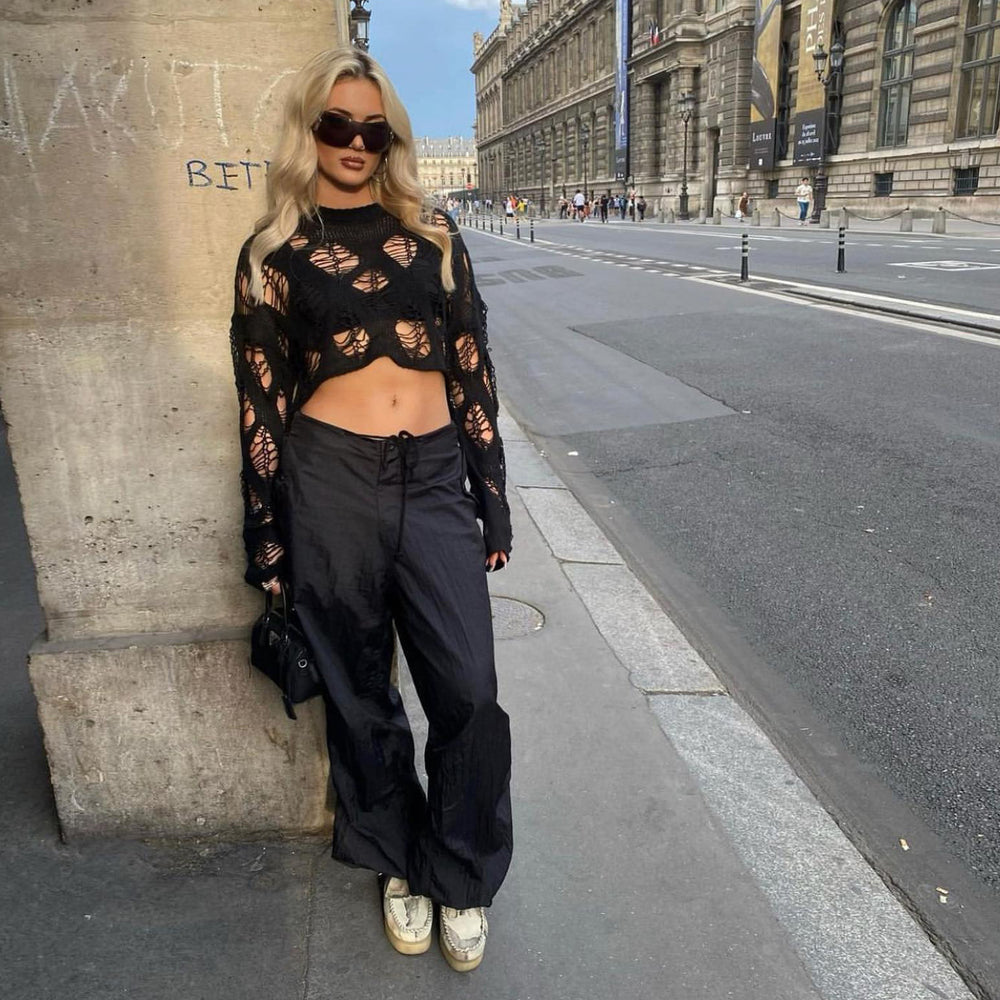 spring/summer new arrivals: european and american style women's fashion - sexy cutout top, trendy cropped knit sweater