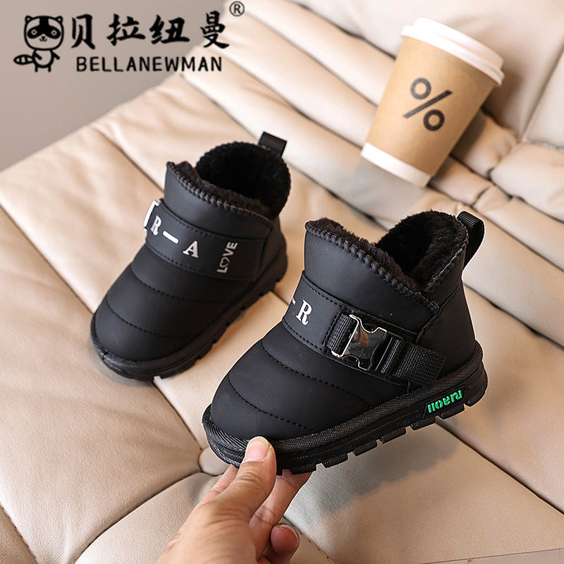 Custom boys' fleece-lined snow boots, new autumn/winter collection, girls' black cotton shoes, thickened ankle boots for students, trendy styles for mid-to-large children