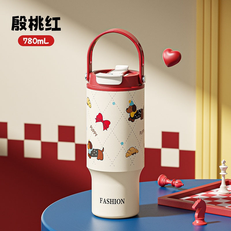 High-style cartoon coffee mug, 316 stainless steel insulated tumbler, large capacity car ice tumbler, portable straw water bottle