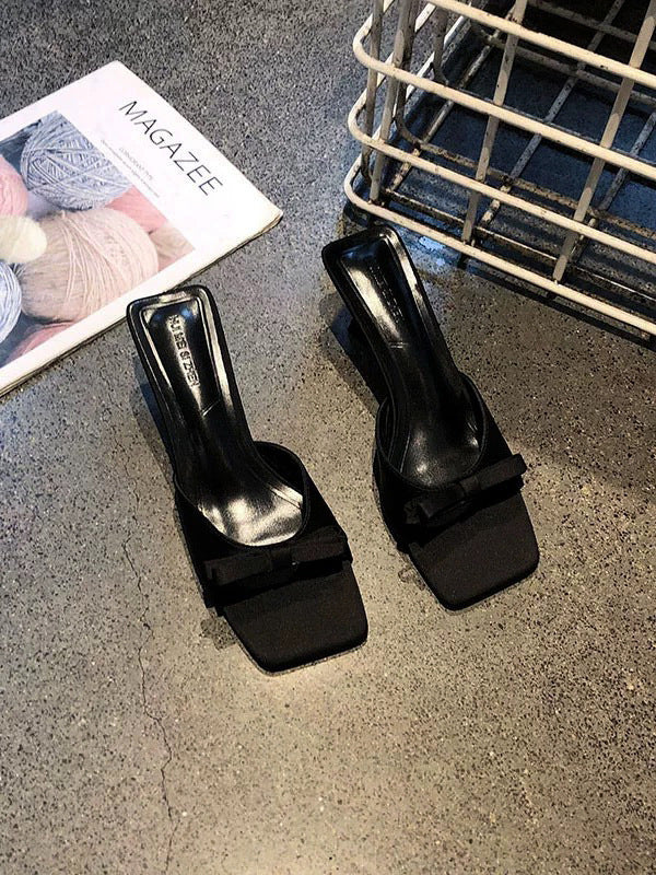French square toe small sandals thin heel high heels women 2025 summer new arrival bows one-line slippers half slippers
