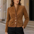 Autumn/winter caramel suede-look jacket - stand collar, three-button, slim fit, cropped length, chic commute, vintage women's outerwear
