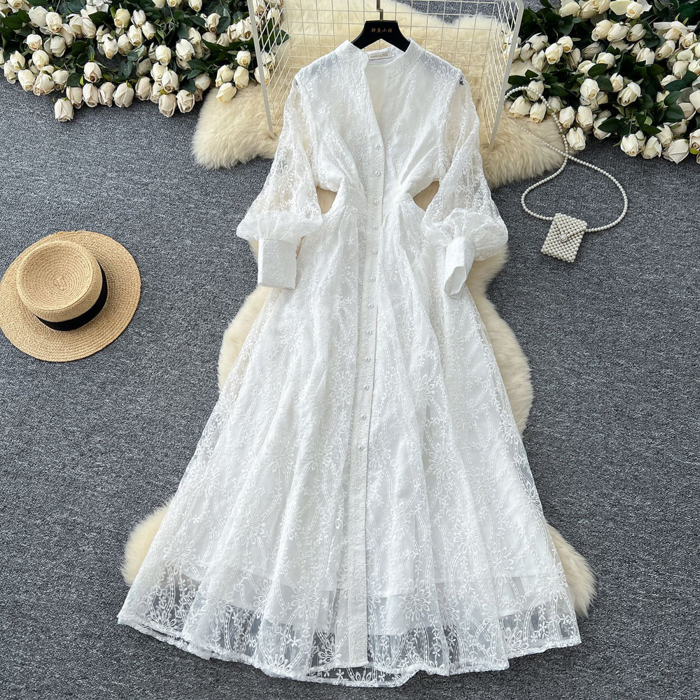 French retroelegancedress women's 2025new arrivalclassy stand collar single breasted waist embroider mesh long skirt
