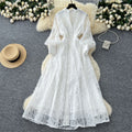 French retroelegancedress women's 2025new arrivalclassy stand collar single breasted waist embroider mesh long skirt