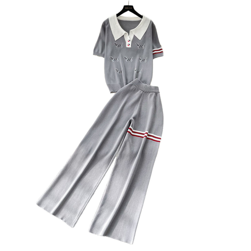 Lazy style knittingcute puppy suit women's summer lapel topshigh waistloose pantstwo-piece set relaxed feeling