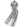 Lazy style knittingcute puppy suit women's summer lapel topshigh waistloose pantstwo-piece set relaxed feeling