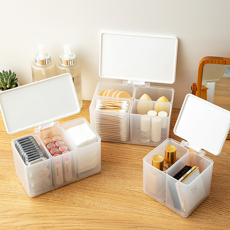 Bathroom mirror cabinet cotton swab cotton pad puff storage box transparent plastic grid desktop flip cover cosmetic storage box