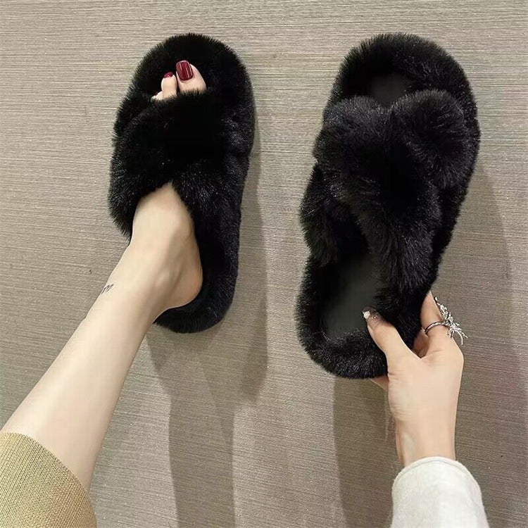 Thick sole cross strap furry slippers for women fall and winteroutwear2023new arrivalplatform shoesthick soleincrease soft bottomfor home cotton slippers