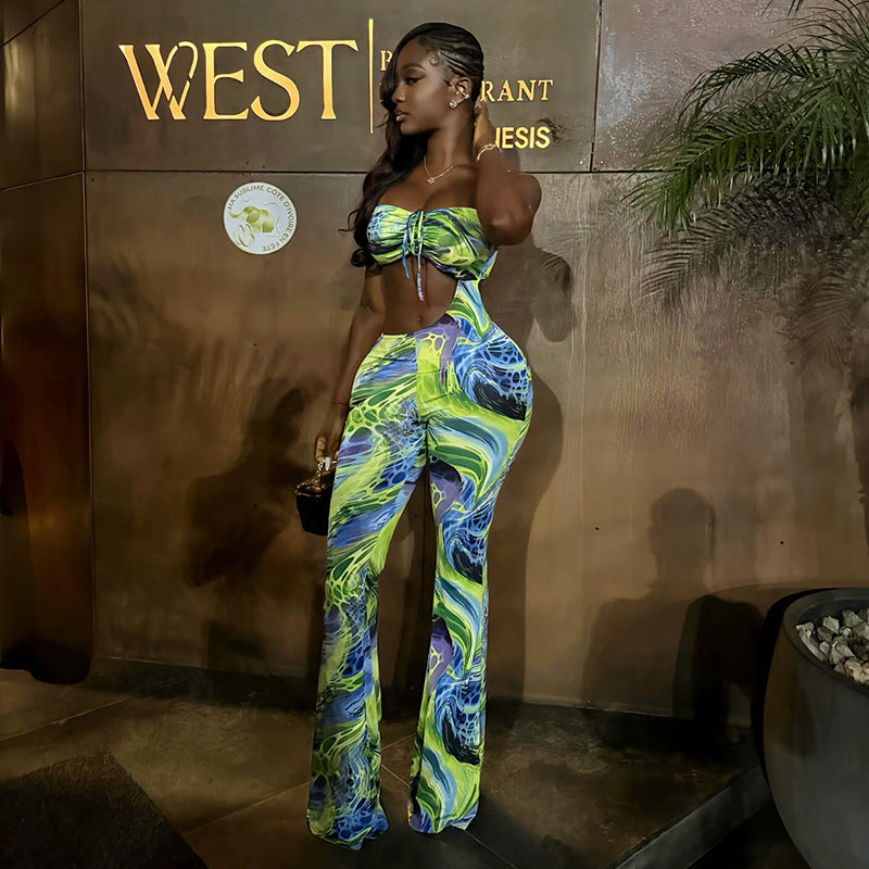 Fashion style cross-border stylish women's clothing printing asymmetrical sexy chest wrap jumpsuit tie backfashion navel exposed jumpsuit