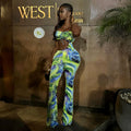 Fashion style cross-border stylish women's clothing printing asymmetrical sexy chest wrap jumpsuit tie backfashion navel exposed jumpsuit