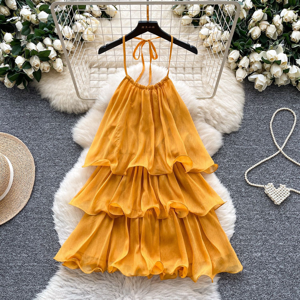 Yellow dress women's  summer french style halter neck ruffle trim tiered vacation mini dress