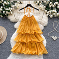 Yellow dress women's  summer french style halter neck ruffle trim tiered vacation mini dress