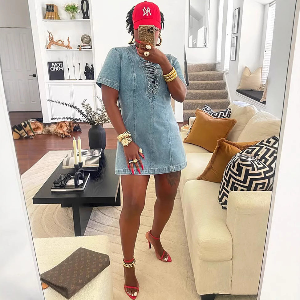 European and american style women's denim dress -  cross-border women's summer streetwear fashion tie-waist short sleeve denim skirt
