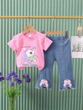 Direct from the factory! girls' summer two-piece set: pink cartoon tee + bowknot denim shorts. ready to ship!