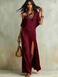 summer european and american cross-border  independent station new arrivalelegance short sleeve cotton and linen pleated slit women's dress