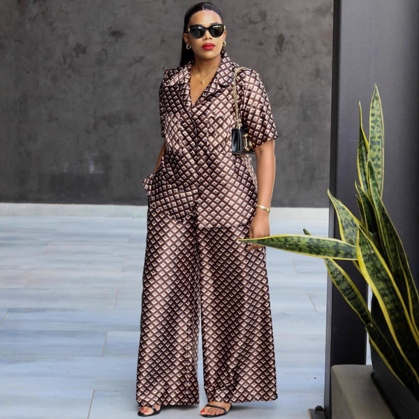 European and American women's suit collar thousand bird grid short-sleeved shirt top casual trousers women's casual fashion two-piece suit women
