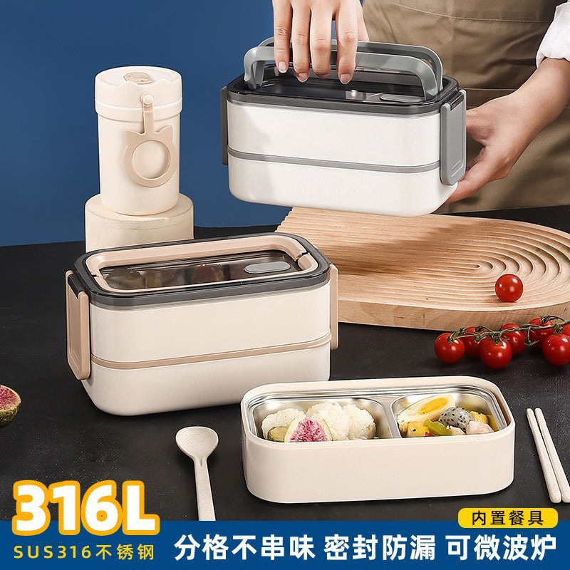 316 stainless steel double-walled insulated lunch box with dividers, microwaveable plastic food container