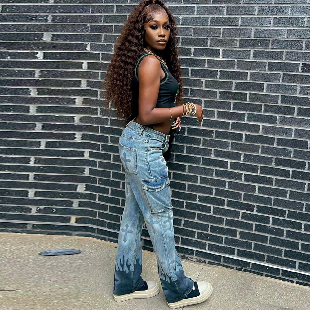 European and american style women's jeans -  cross-border fashion -  new streetwear hot girl multi-pocket jeans