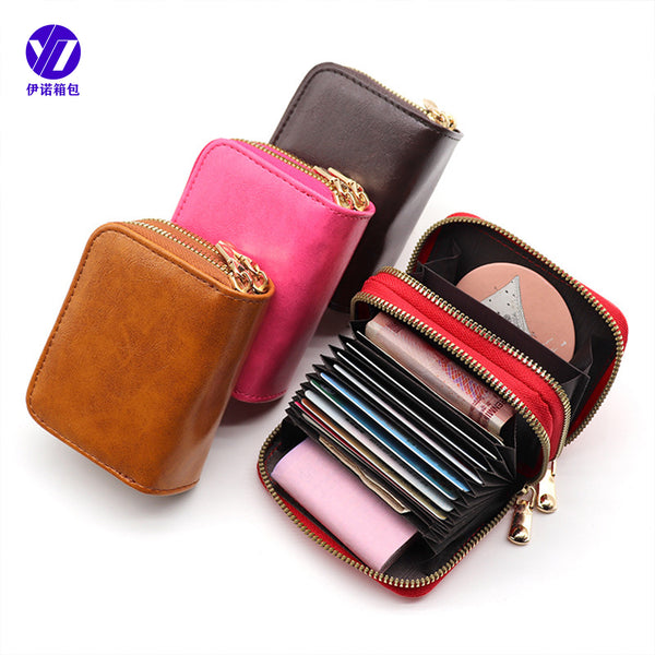 Cross-border retro oil wax organ card bag Large capacity multi-functional card holder Zipper change bag Women's anti-theft portable card bag