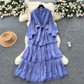 Frenchclassyretrolacepatchwork lantern sleeve dress women's autum strap waist slimming lookelegance long dress