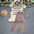 Plus size women's loungewear set: vintage striped knit top & wide-leg pants - relaxed fit, slimming two-piece casual outfit