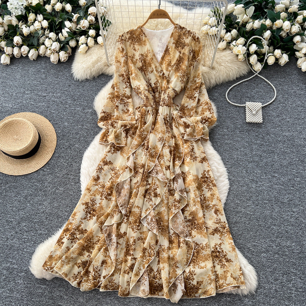 French retro v-neck long sleeve floral chiffon dress - women's  autumn collection - cinched waist, elegant ruffle hem maxi dress