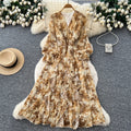 French retro v-neck long sleeve floral chiffon dress - women's  autumn collection - cinched waist, elegant ruffle hem maxi dress