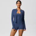 High-waisted, form-fitting, brushed yoga set. european and american style, "naked feel" quick-dry fitness outfit. three-piece set for outdoor leisure, running, and sports