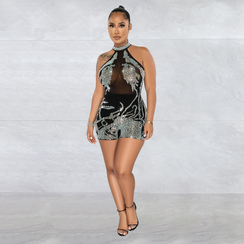 C6265 cross-border   fashion women's mesh see-through rhinestone sleeveless shorts jumpsuit