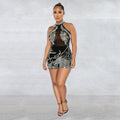 C6265 cross-border   fashion women's mesh see-through rhinestone sleeveless shorts jumpsuit