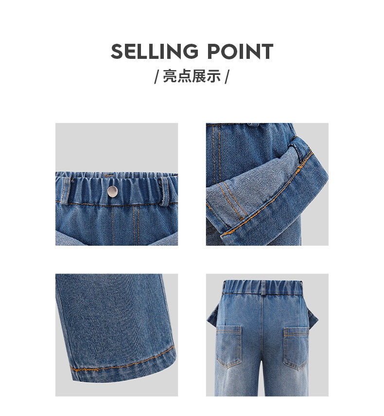 new arrivalgirljeansfake two-piece foldable waist design distressed washed blue kidsstraight-leg pants