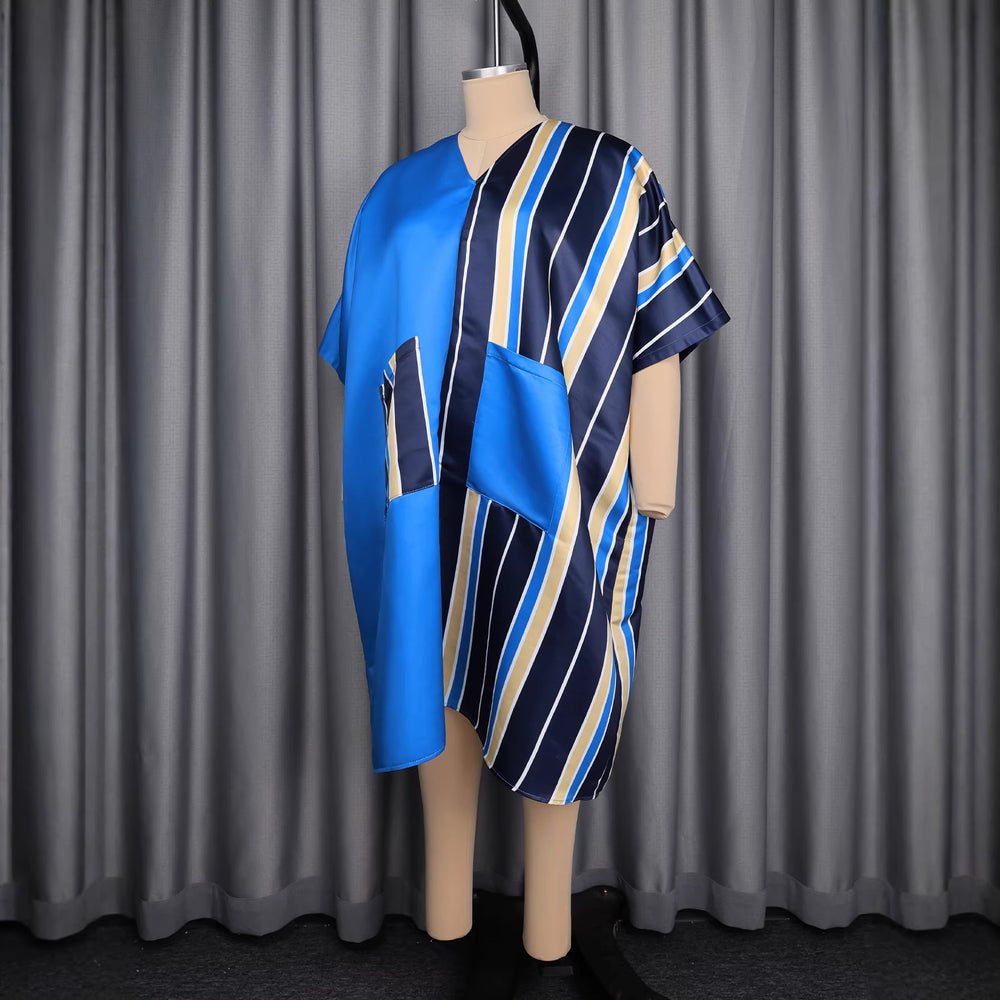 African ethnic patchwork dress - batwing sleeve v-neck pocket color block satin bubu robe dress