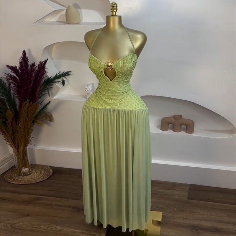 European and american cross-border women's fashion:  summer new arrival - elegant, fresh, green cutout sleeveless cami dress