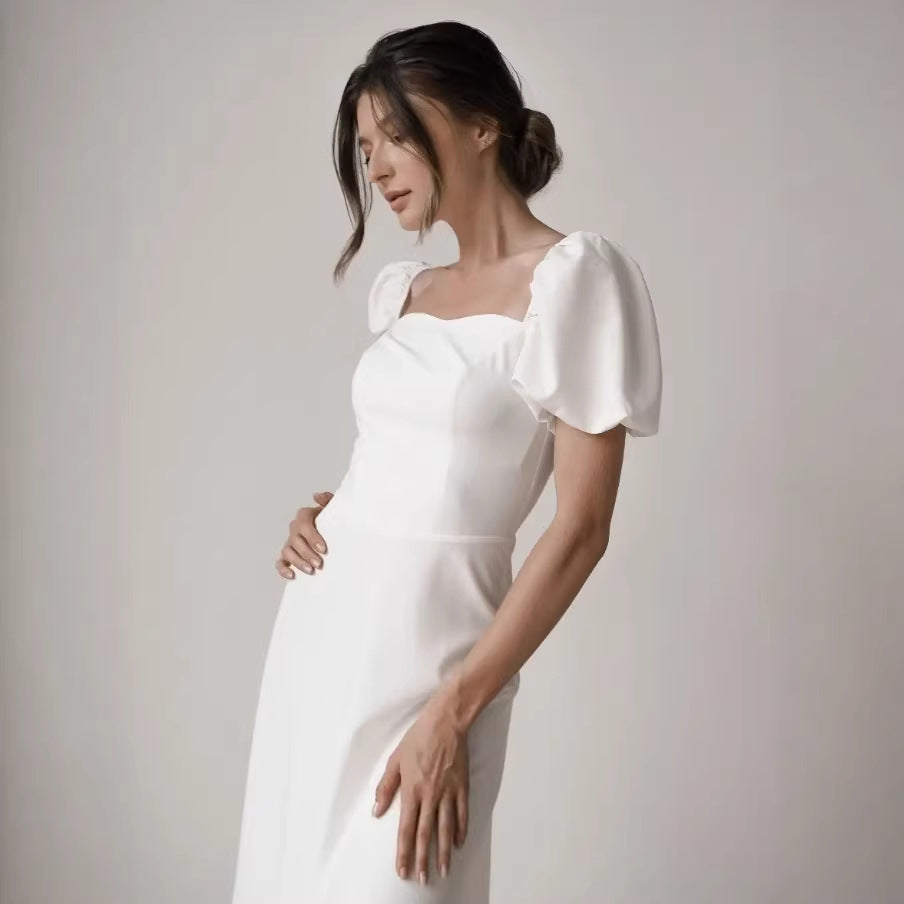 fall/winter new arrival: white bubble sleeve dress - ethereal & chic, european & american style, high-end fashion